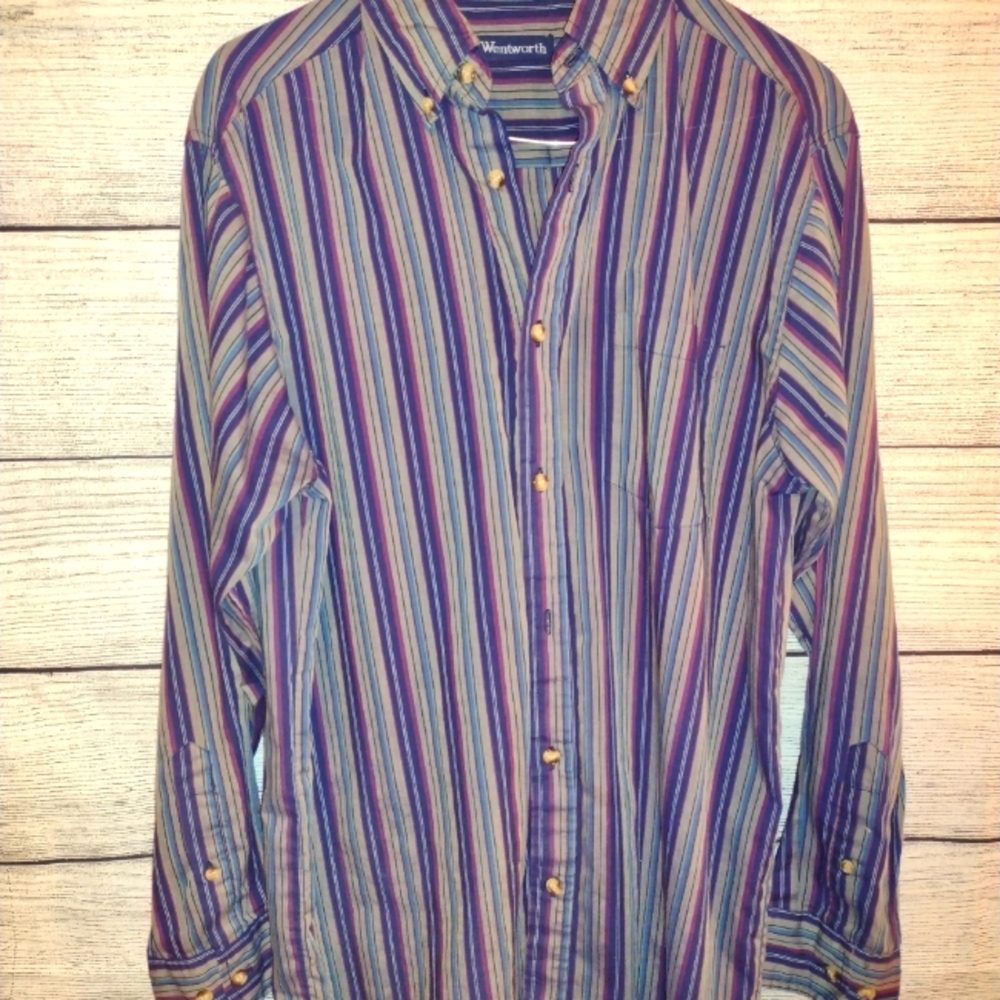Wentworth Long Sleeve Size Medium Button Down Dress Shirt. Gray, Purple & Blue